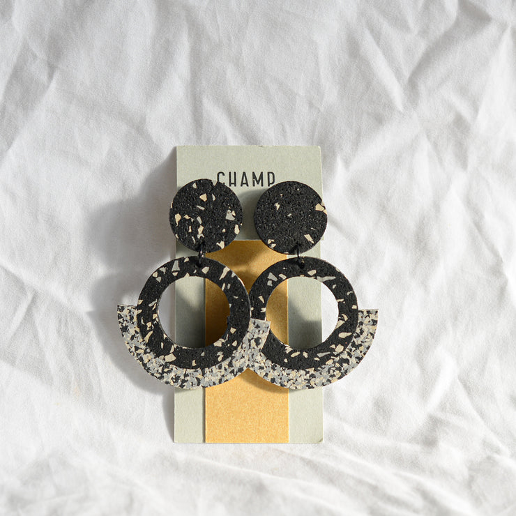 Champs earrings are made from recycled tyres and new rubber with high grade surgical steel posts and findings.
