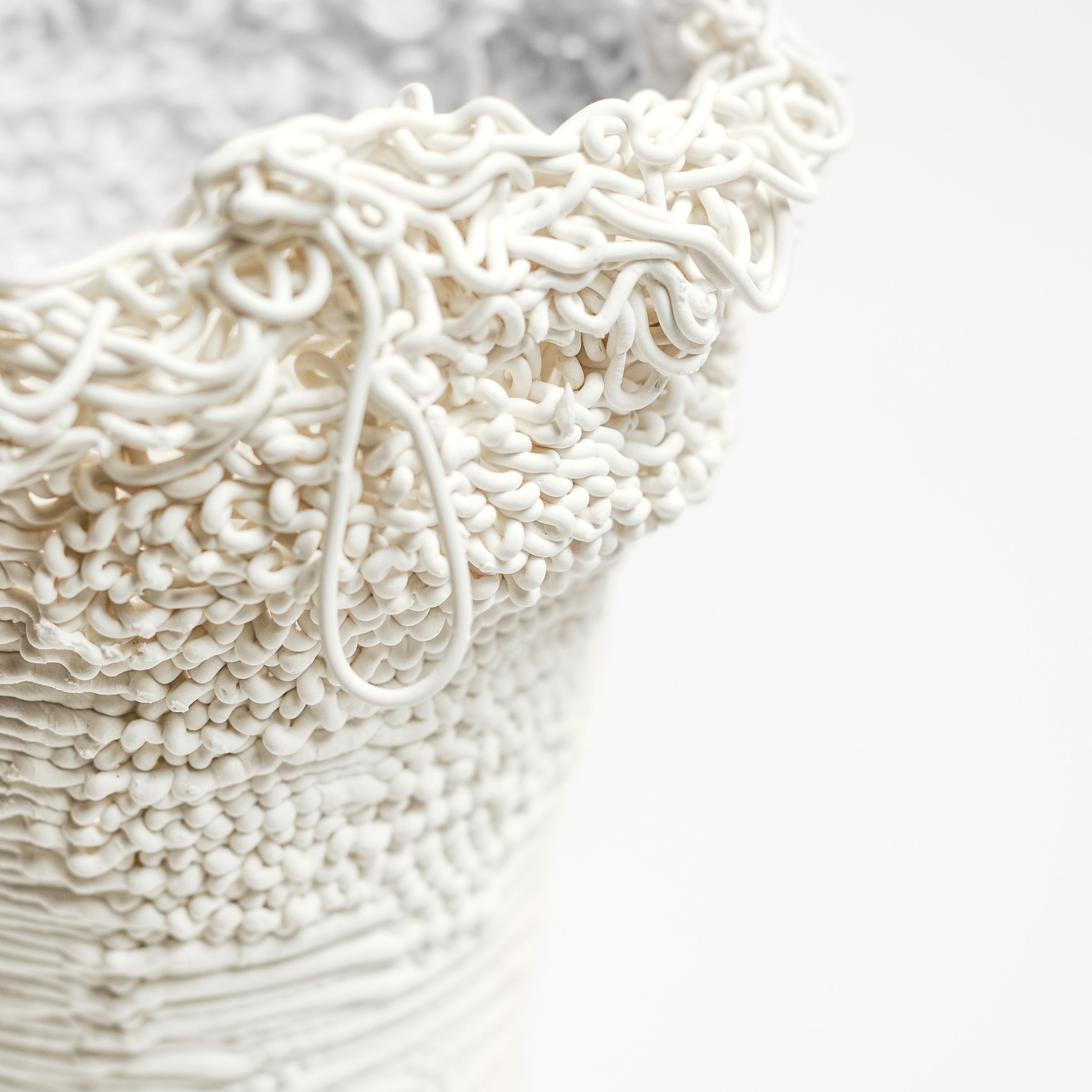 Porcelain sculpture made by Alterfact using 3D printing techniques in clay. Alterfact is an Australian duo composed of ceramicist Lucile Sciallano and designer Ben Landau based in Melbourne where they create contemporary ceramics using 3D printing techniques.