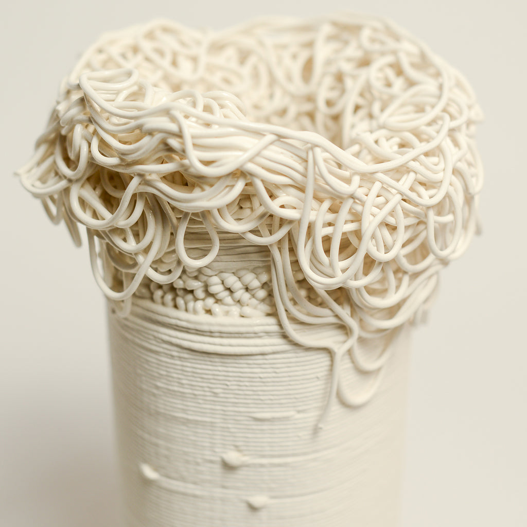Porcelain sculpture made by Alterfact using 3D printing techniques in clay. Alterfact is an Australian duo composed of ceramicist Lucile Sciallano and designer Ben Landau based in Melbourne where they create contemporary ceramics using 3D printing techniques.