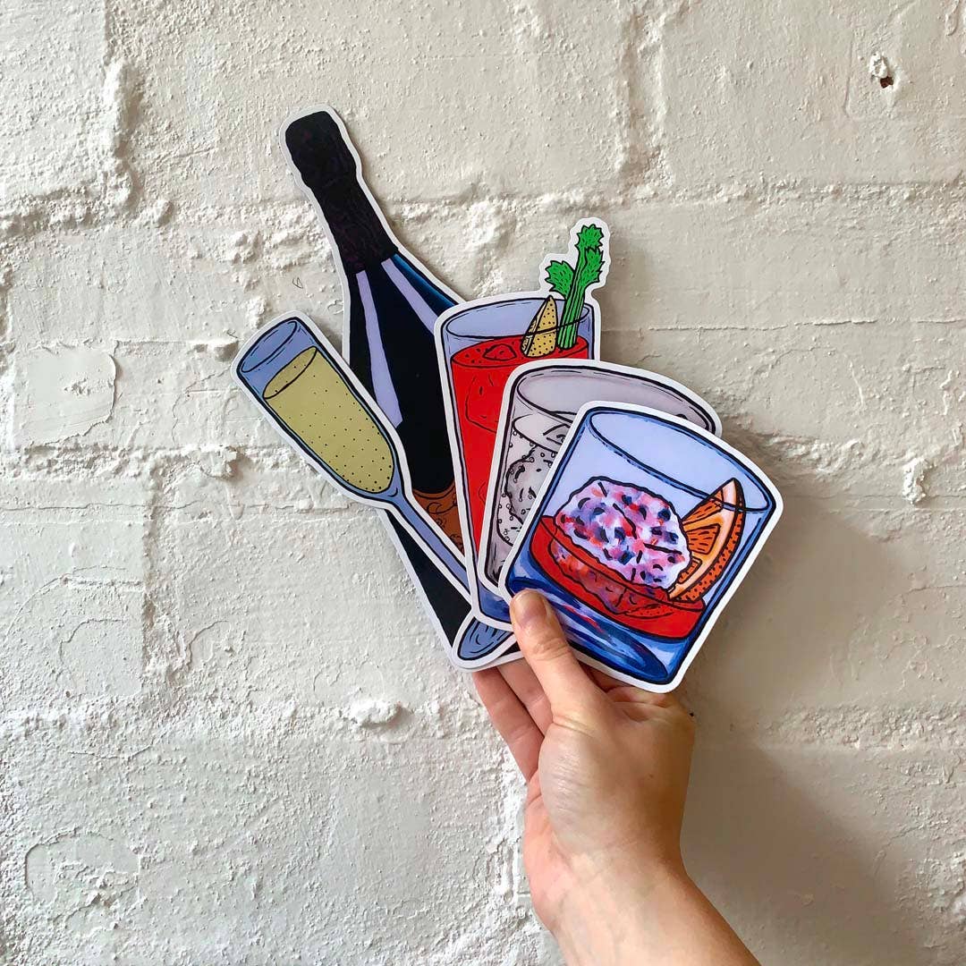 Big Fridge Magnet Billie Justice Thomson set of 5 drinks negroni, campari, gin and tonic, champagne, champagne glass bloody mary