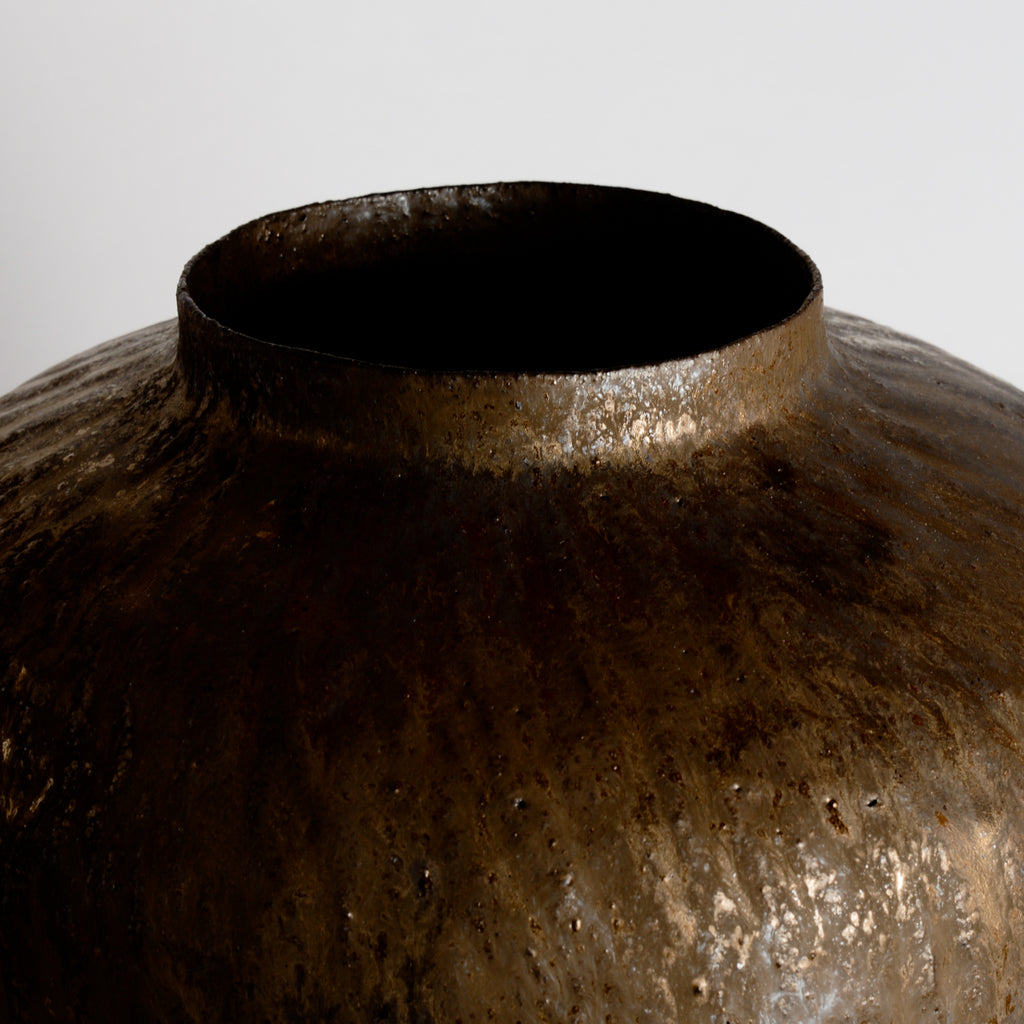 Large Carved Bronze Moon Jar Vessel