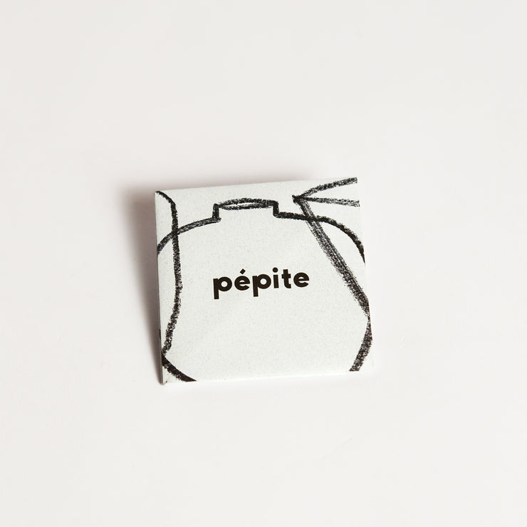 pépite origami-style gift card in its folded form, featuring a minimalist design with a black crayon-style graphic and &