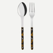 Bistrot Solid 2-piece serving set in Faux Tortoise by Sabre Paris, featuring a serving spoon and fork with tortoiseshell-patterned handles and polished stainless steel tops.