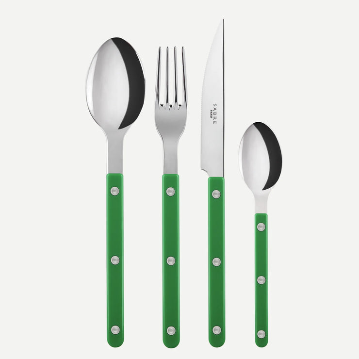 Bistrot Solid 4-piece cutlery set in Garden Green by Sabre Paris, including a knife, fork, spoon, and teaspoon with vibrant green handles and polished stainless steel tops.