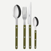 Bistrot Solid 4-piece cutlery set in Green Fern by Sabre Paris, including a knife, fork, spoon, and teaspoon with deep green handles and polished stainless steel tops.