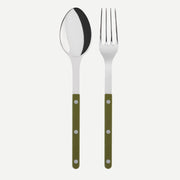 Green Fern 2-piece cutlery serving set by Sabre Paris, featuring a serving spoon and serving fork with glossy green handles and polished stainless steel tops.