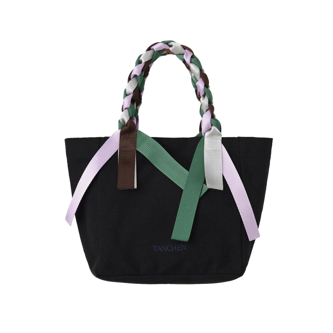 Front view of the Picnic Bag Mini Shrub by Tanchen, highlighting its black cotton canvas, braided handles, and colourful ribbon details.