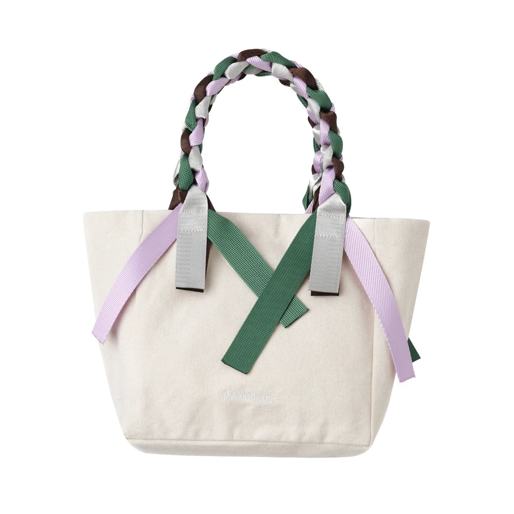 Detailed view of the braided nylon ribbon handles of the Tanchen Picnic Bag Mini Spritz in cream and multi-coloured accents