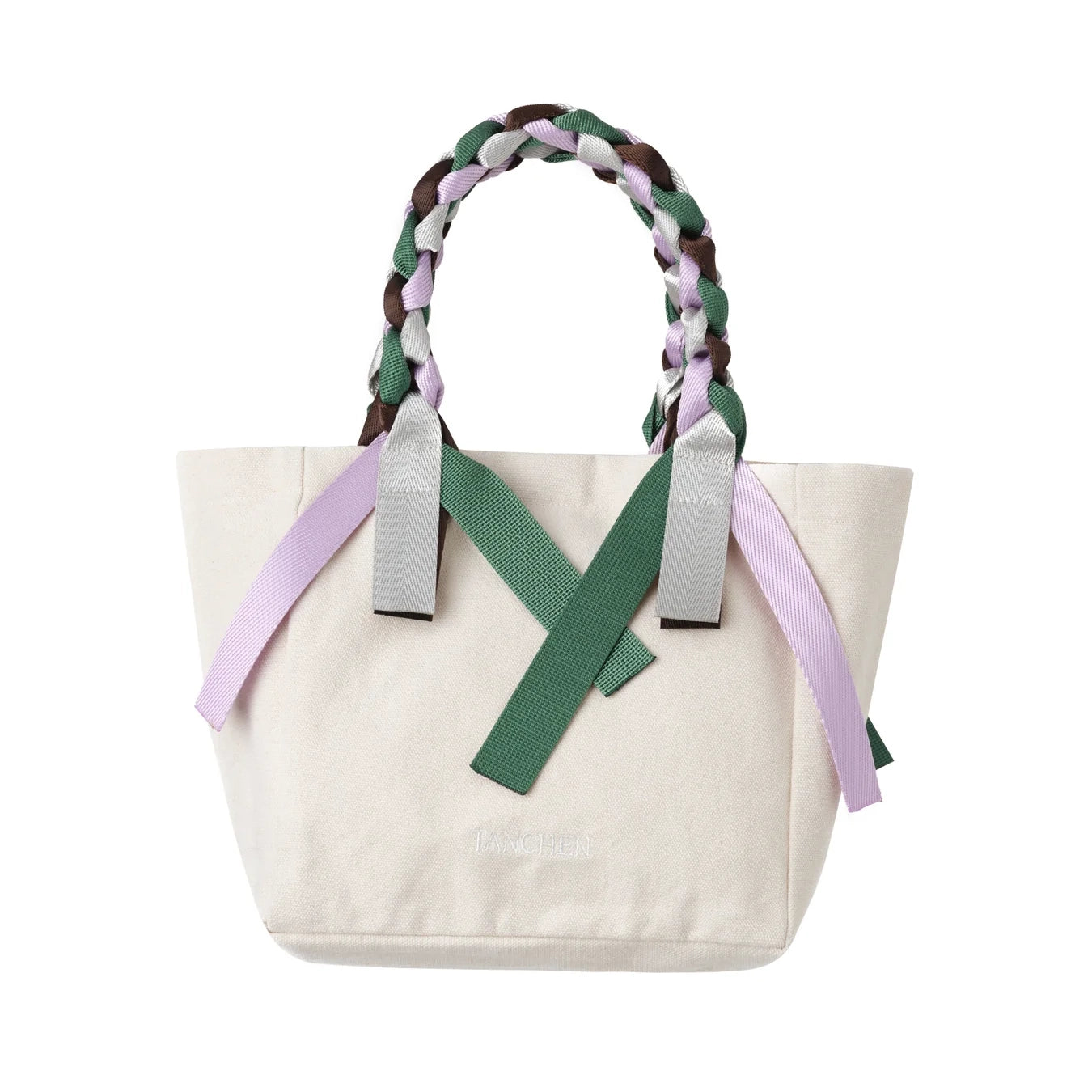 Detailed view of the braided nylon ribbon handles of the Tanchen Picnic Bag Mini Spritz in cream and multi-coloured accents