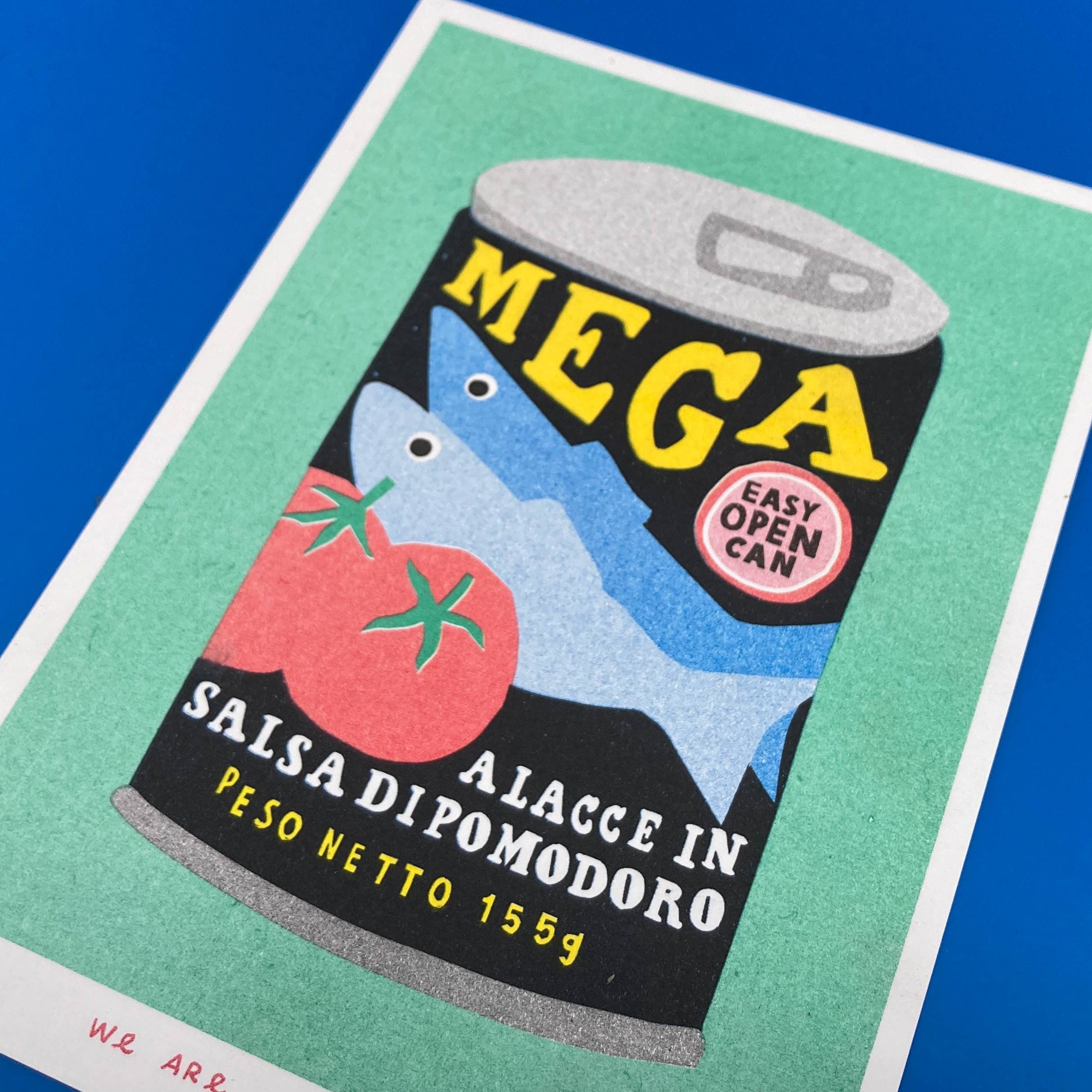 Angled view of the We Are Out Of Office Mega Sardines Risograph print, highlighting the intricate colours and details of the sardine can design.