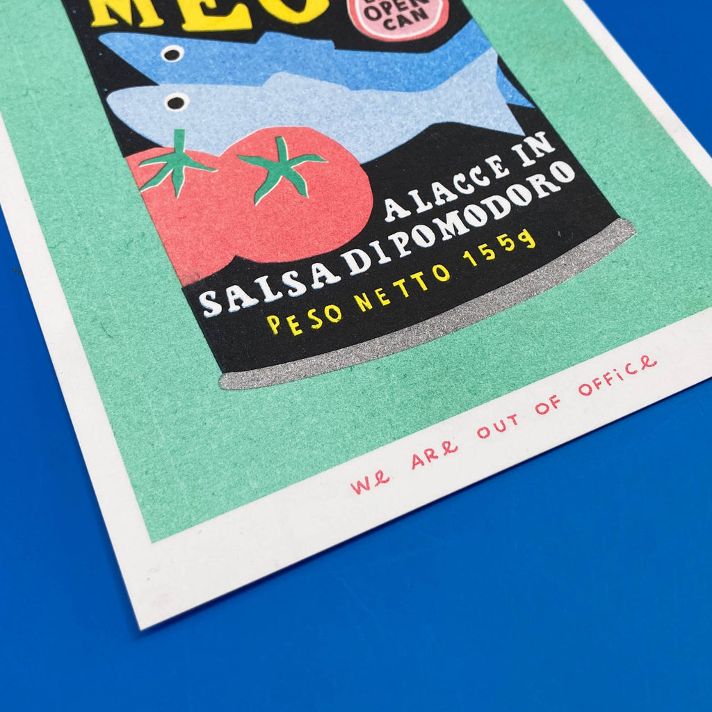 Close-up of the We Are Out Of Office Mega Sardines Risograph print, featuring a vibrant illustration of sardines in tomato sauce.