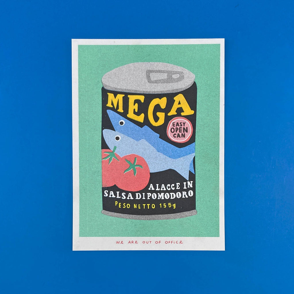 We Are Out Of Office Mega Sardines Risograph print displayed against a blue background, showcasing a can of sardines in tomato sauce with colourful details.